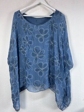 Dance In Paris Women Blue Floral 8183 Silk Layer Poncho Top Blouse Blue New $125